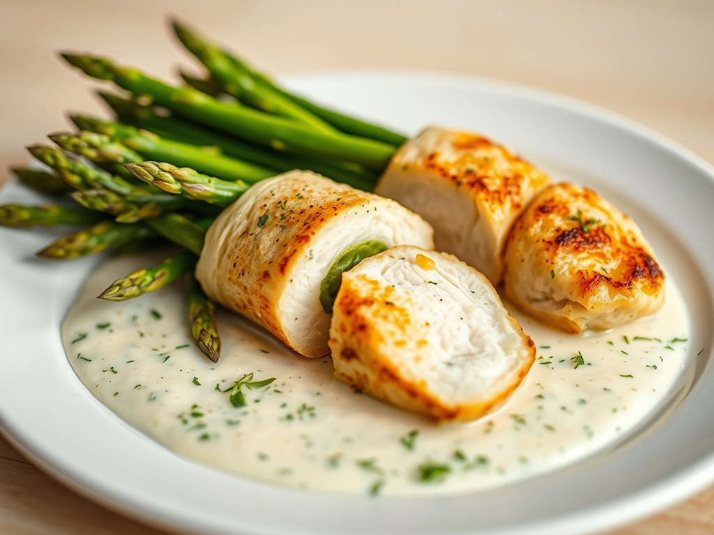 Asperges in kip met kervelsaus, AI-gegenereerde illustratie