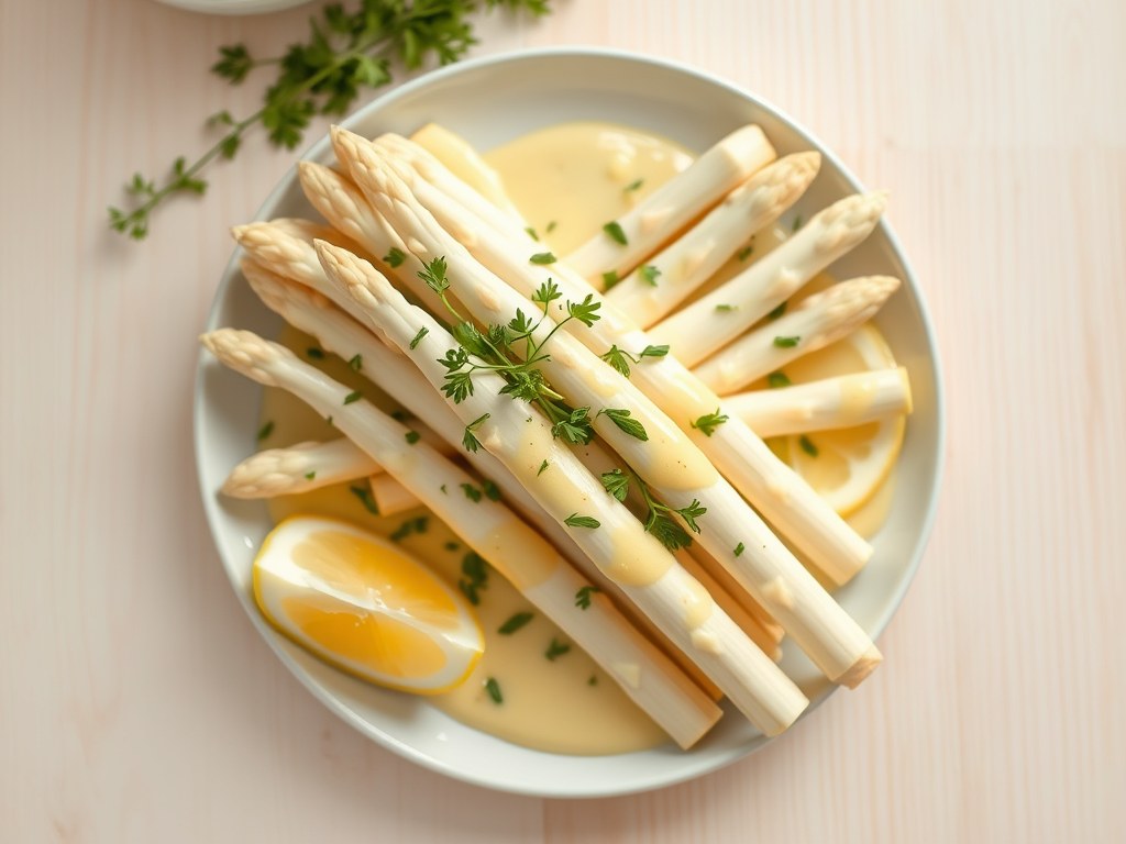 Asperges met dragonsaus, AI-gegenereerde illustratie