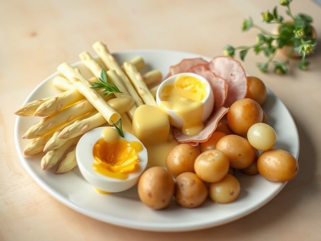 Asperges met ei, ham en botersaus, AI-gegenereerde illustratie