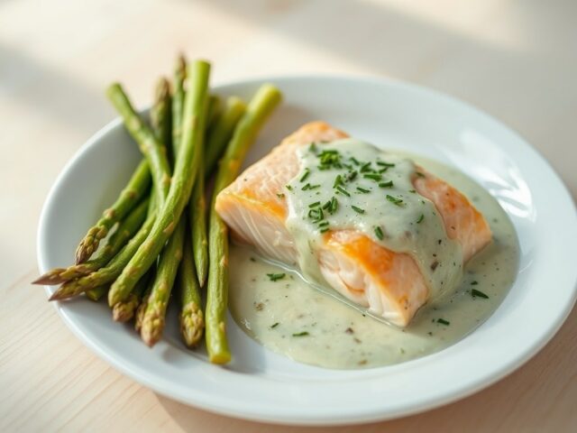 Asperges met gepocheerde zalm en bieslooksaus