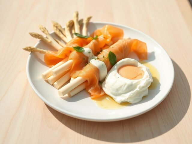 Asperges met gerookte zalm en basilicum saus