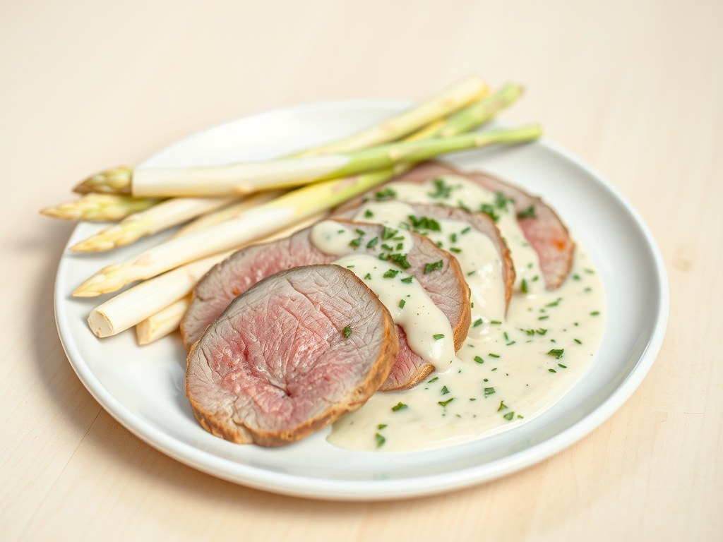 Asperges met Kervelsaus en Lamshaas, AI-gegenereerde illustratie