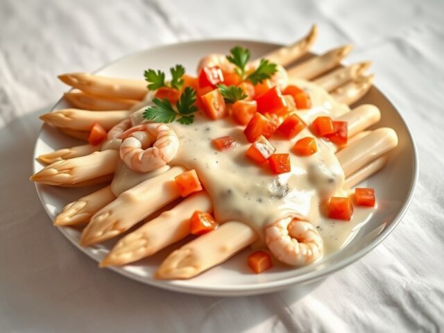 Asperges met nolly prat saus en grijze garnaaltjes