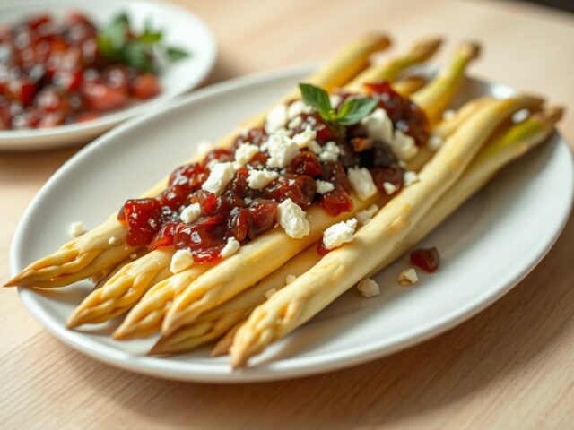 Asperges met rode uienchutney en roquefort