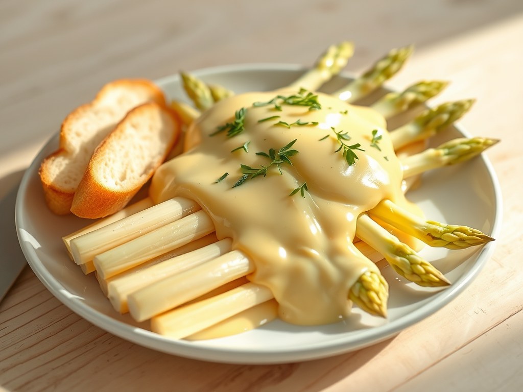 Asperges met saus Hollandaise, AI-gegenereerde illustratie