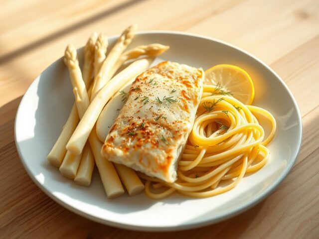 Asperges met snoekbaarsfilet en tagliatelle