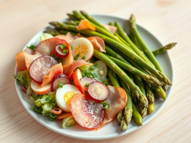Asperges met witlofsalade en lamsham