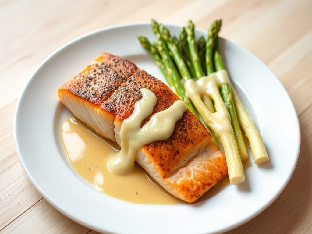 Asperges met zalm en dijonnaisesaus, AI-gegenereerde illustratie