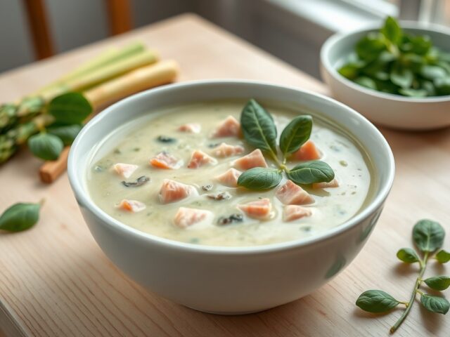 Aspergesoep met hamblokjes