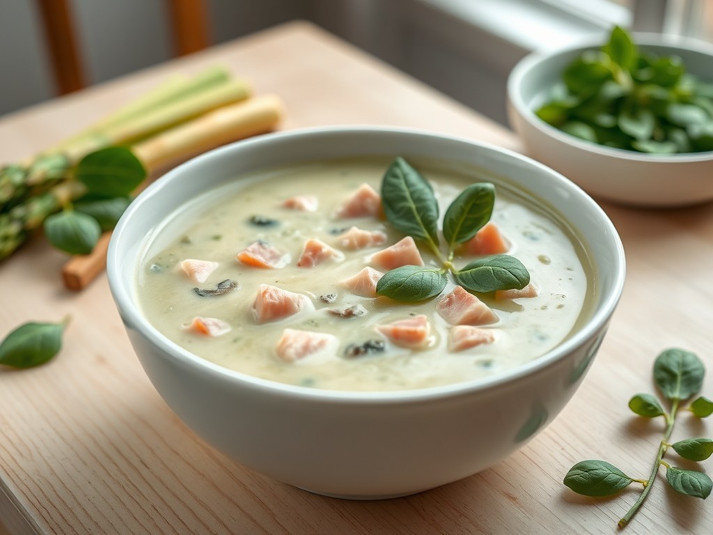 Aspergesoep met hamblokjes, AI-gegenereerde illustratie