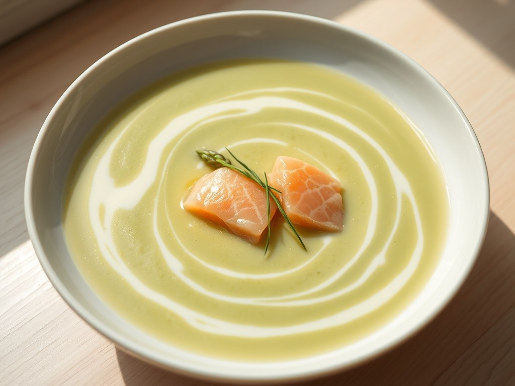 Aspergessoep met zalmquenelles, AI-gegenereerde illustratie