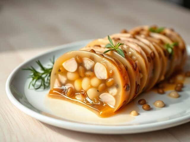 Aspic van peulvruchten en licht gerookte konijnenf