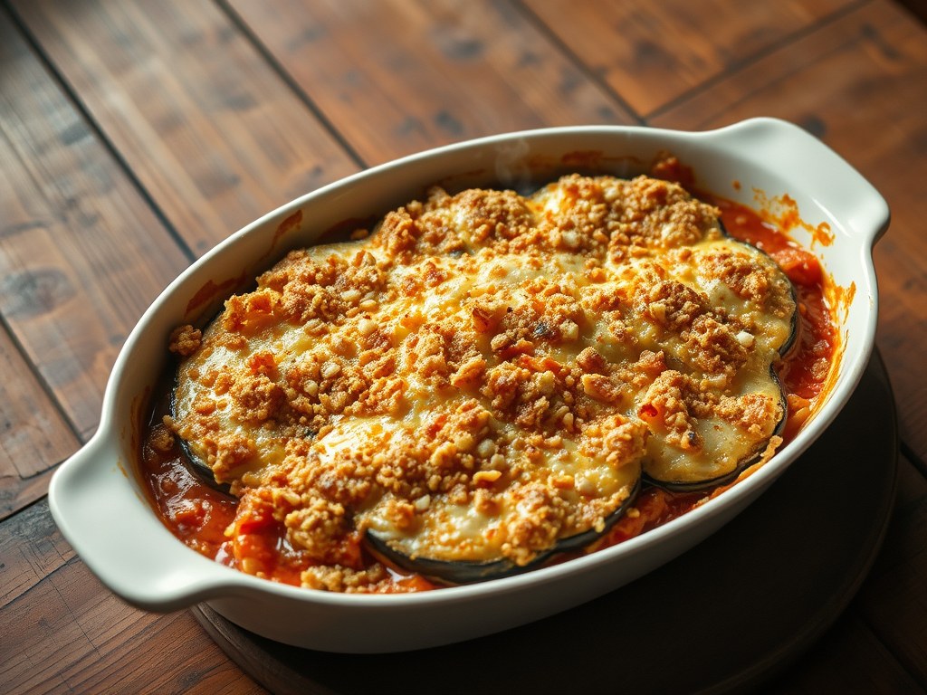 Aubergine au gratin, AI-gegenereerde illustratie