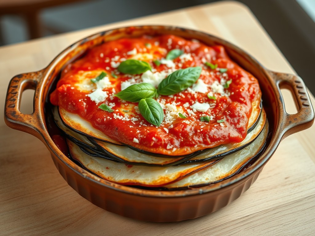Aubergine Parmigiana, AI-gegenereerde illustratie
