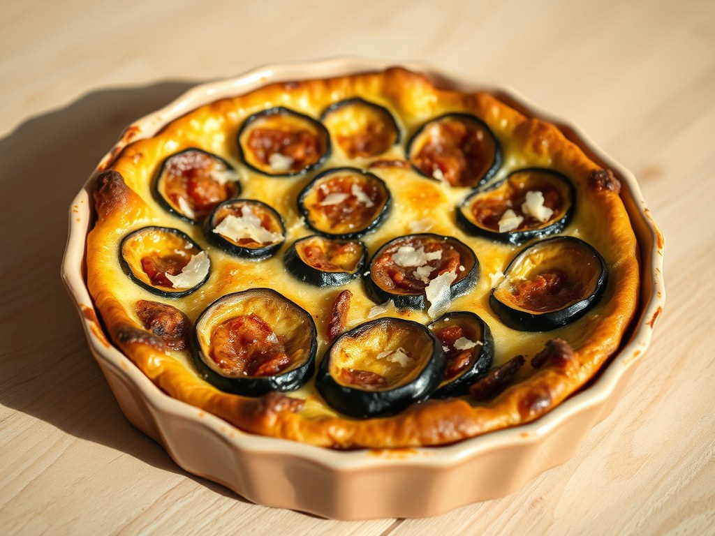 Aubergineclafoutis met chorizo, AI-gegenereerde illustratie