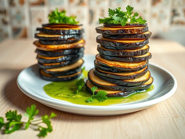 Auberginetorentjes met peterseliesaus
