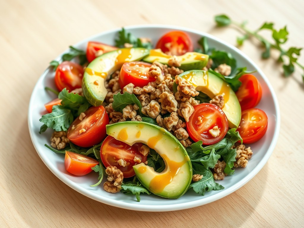 Avocadosalade met walnoot, AI-gegenereerde illustratie