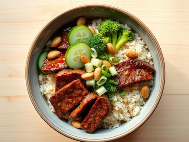 Aziatische bowl met runderfiletlapjes, zoetzure komkommer, broccolirijst en cashewnoten