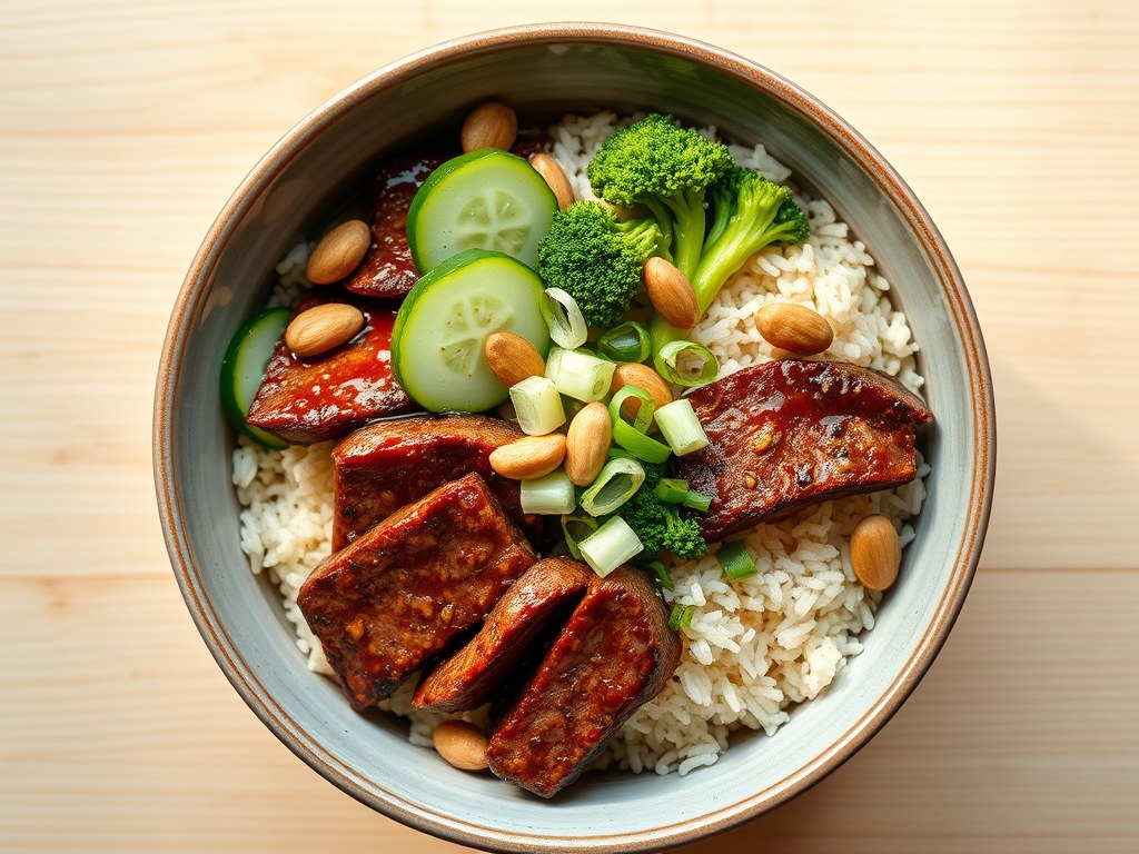 Aziatische bowl met runderfiletlapjes, zoetzure komkommer, broccolirijst en cashewnoten, AI-gegenereerde illustratie