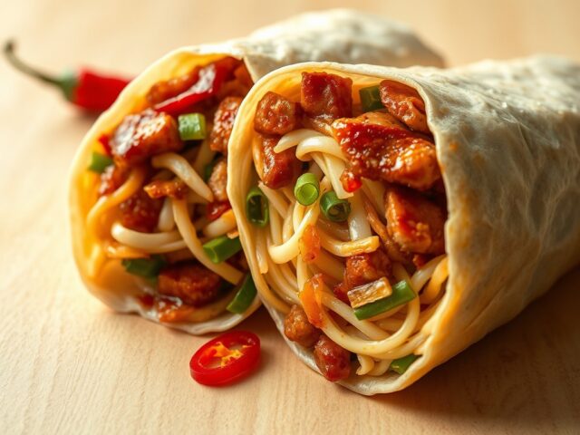 Aziatische wrap gevuld met bami/ nasi met babi pangang