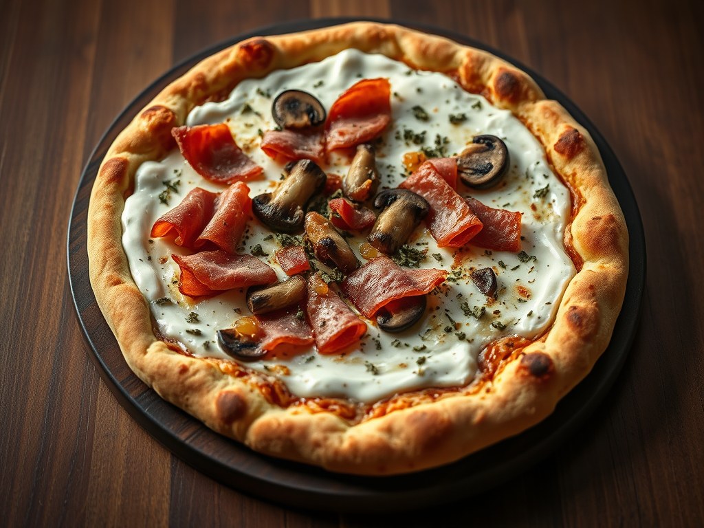 Bacon pizza met crème fraîche, AI-gegenereerde illustratie