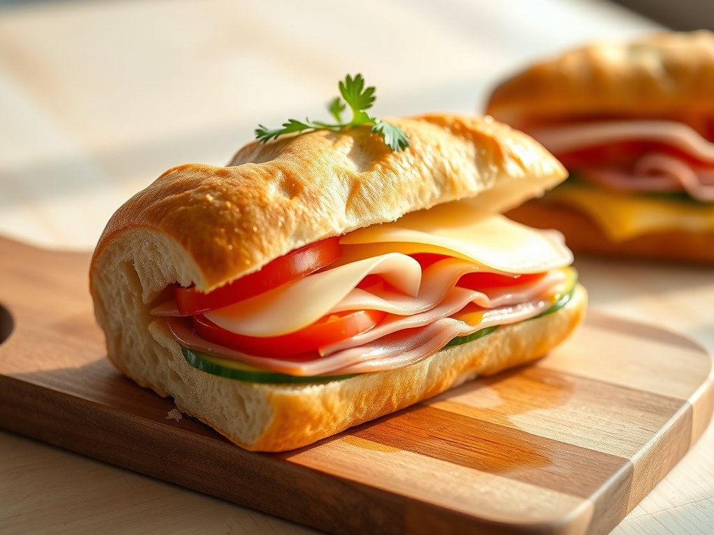 Baguette met tomaat en ham, AI-gegenereerde illustratie