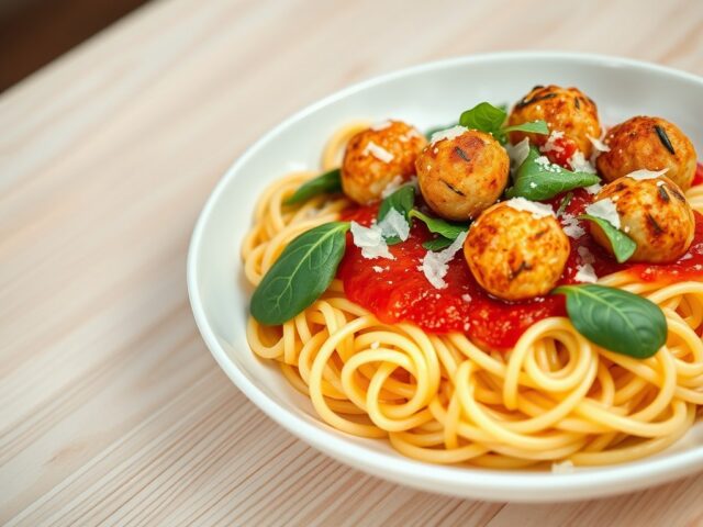 Balletjes met paprikacoulis en pappardelle