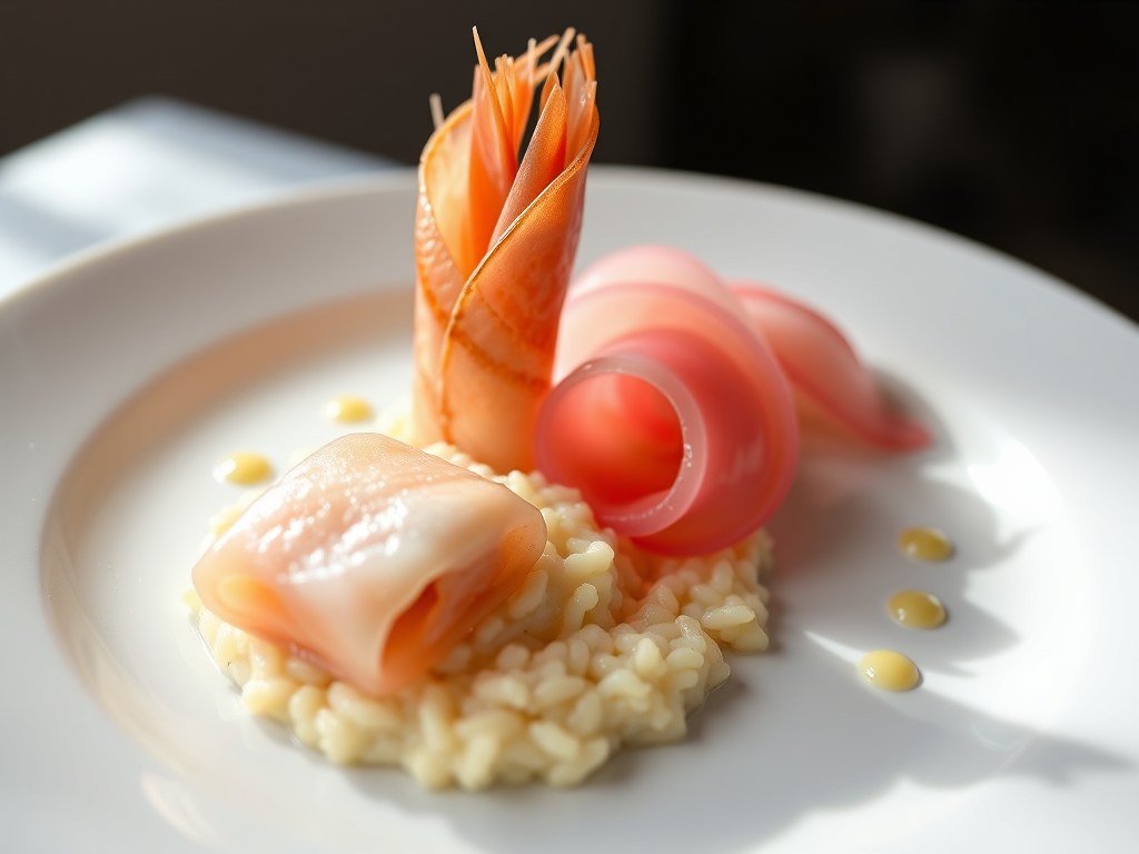 Ballotine en “carpaccio” van langoustines., AI-gegenereerde illustratie