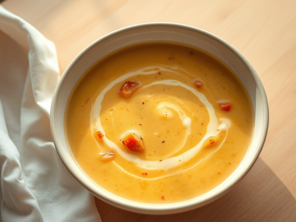 Bananensoep uit de stoofpan met tomaten ,ui, melk, AI-gegenereerde illustratie