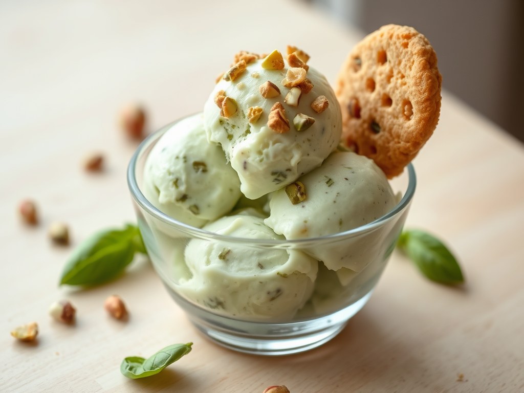 Basilicumijs met pistachenoten, AI-gegenereerde illustratie
