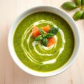 Basilicumsoep met kerrieroom en zalm