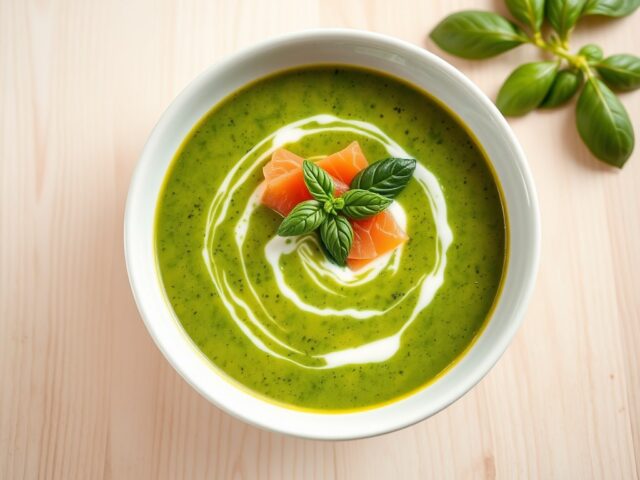 Basilicumsoep met kerrieroom en zalm