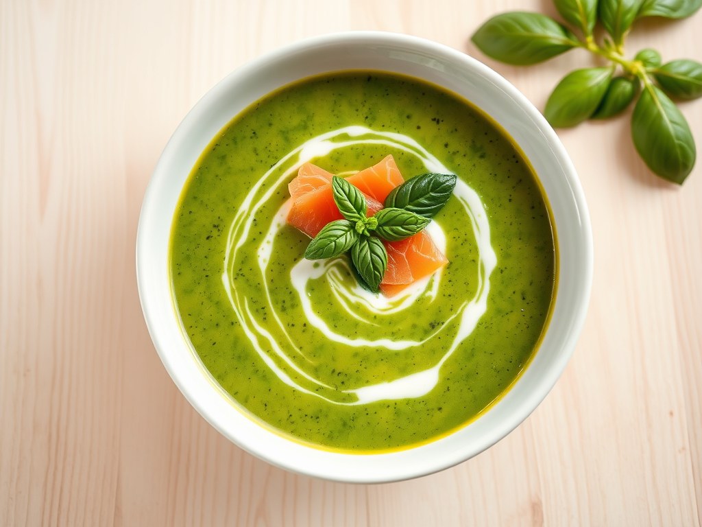 Basilicumsoep met kerrieroom en zalm, AI-gegenereerde illustratie