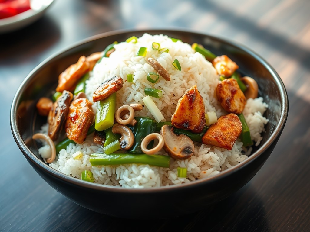 Basmati-rijst met wokgroenten, AI-gegenereerde illustratie