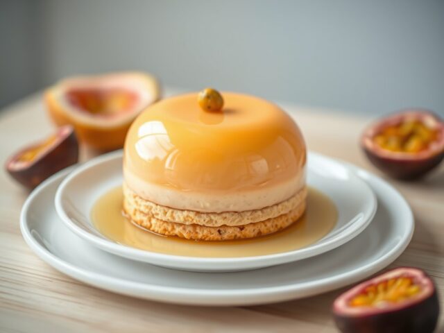Bavarois van passievruchten op amandelbiscuit