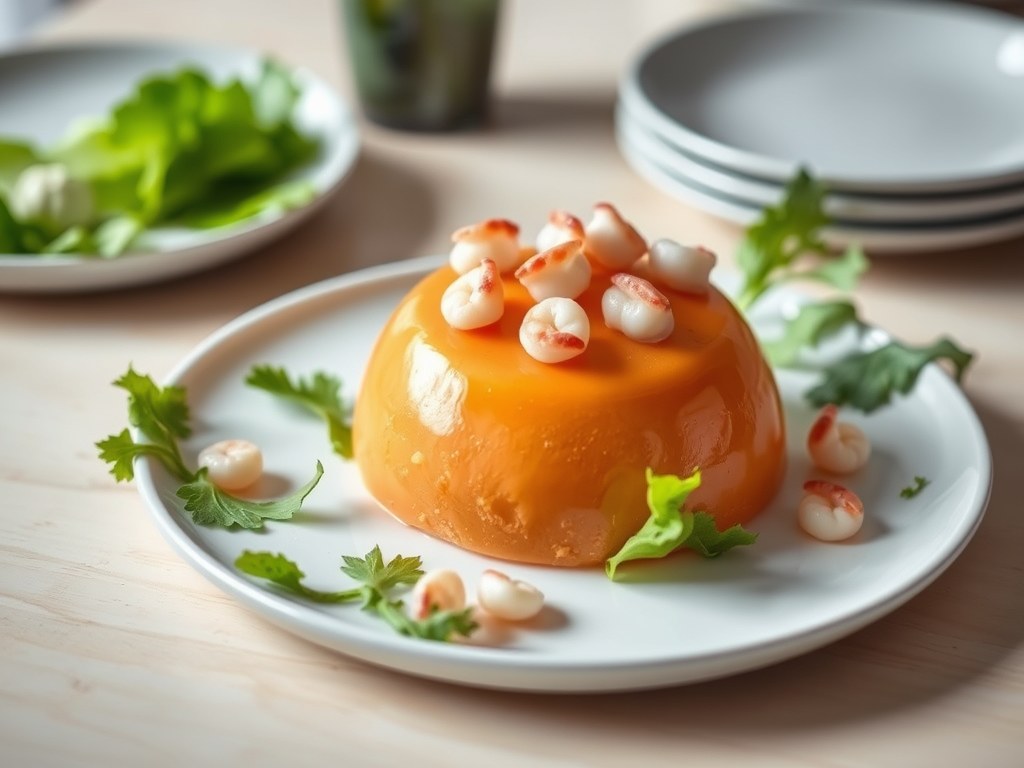 Bavarois van tomaat met garnaaltjes, AI-gegenereerde illustratie