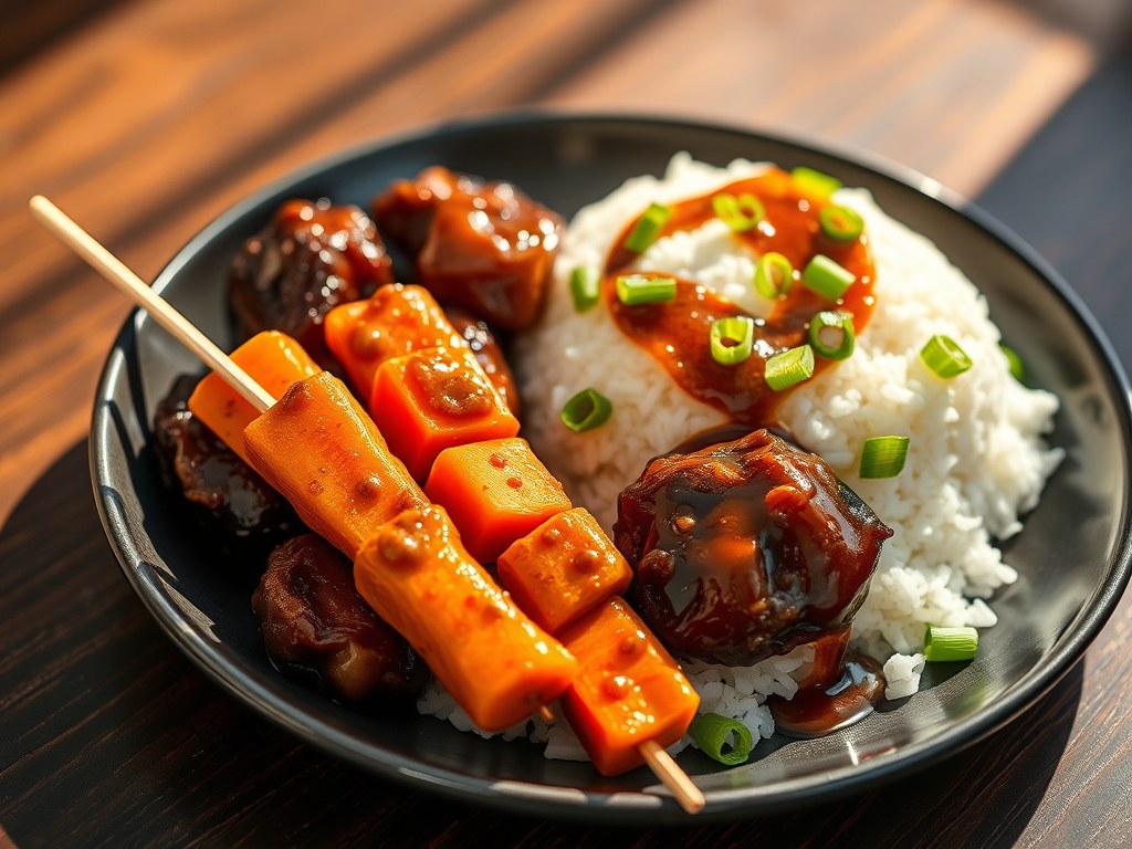BBQ Ketjapkip met worteltjes-saté, AI-gegenereerde illustratie