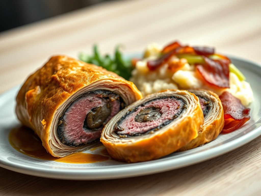 Beef Wellington van wildzwijnshaas ( zie opm), AI-gegenereerde illustratie