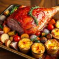 Beenham uit de oven met grove groente en aardappelgratins