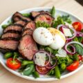 Biefstuk met bonensalade, buffel mozarella en parmezaanse kaas