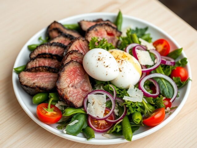 Biefstuk met bonensalade, buffel mozarella en parmezaanse kaas