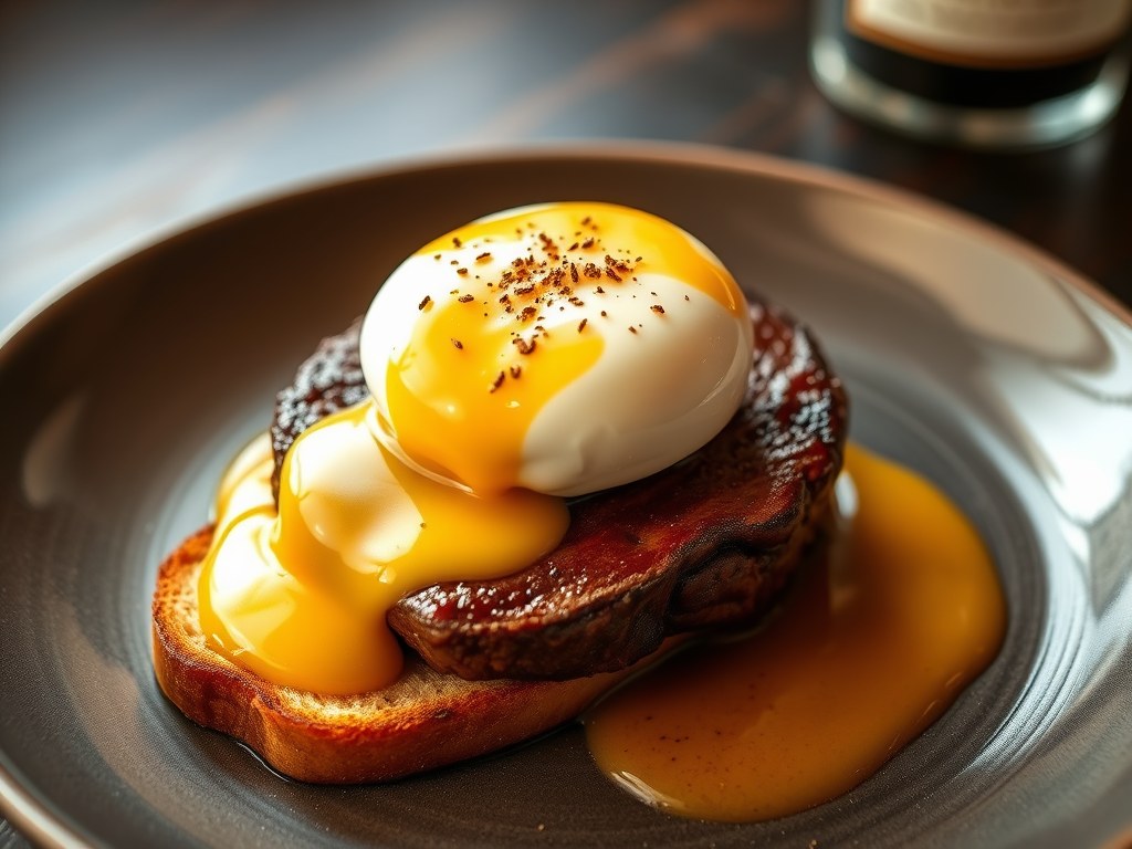 Biefstuk van de Haas met Benedict Eieren en Port-Wijn Hollandaise Saus, AI-gegenereerde illustratie