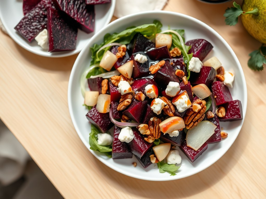 Bietensalade met appel-perenstroop dressing, AI-gegenereerde illustratie