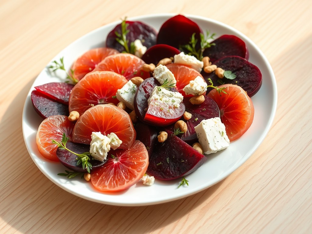 Bietensalade met grapefruit en geitenkaas, AI-gegenereerde illustratie