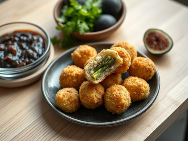 Bitterbal met asperge met een vijgenchutney
