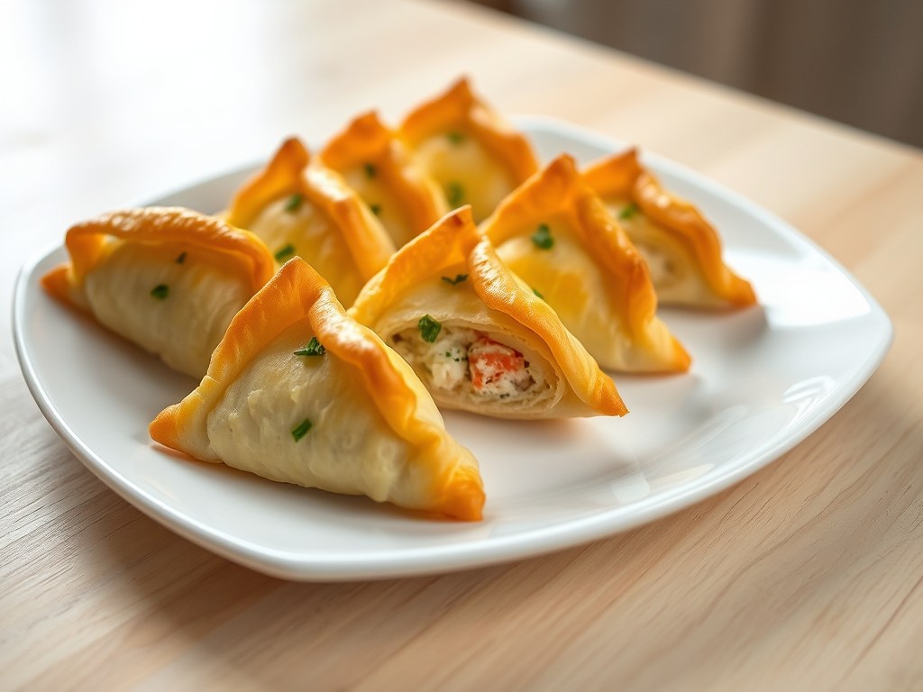 Bladerdeegflapjes gevuld met krabsticks en feta, AI-gegenereerde illustratie