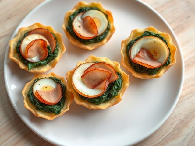 Bladerdeegnestjes met spinazie en plakjes ei
