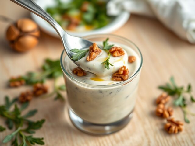 Blauwe kaasmousse met walnoten