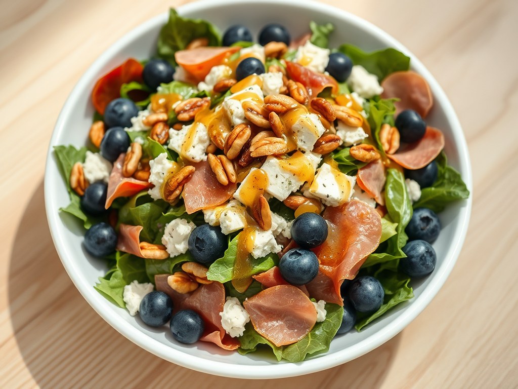 Blauwe kaassalade met blauwe bessen en (zieopm), AI-gegenereerde illustratie