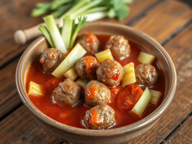 Bleekselderij met gehaktballetjes in saus